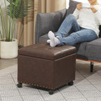 Adeco 16.7" H Brown Leather Storage Ottoman with 360 Caster Wheels, Square Foot Stool with Decorative Bronze Thumb Tacks & 330 LB Load Capacity, Modern Ottoman for Living Room, Bedroom, Entryway