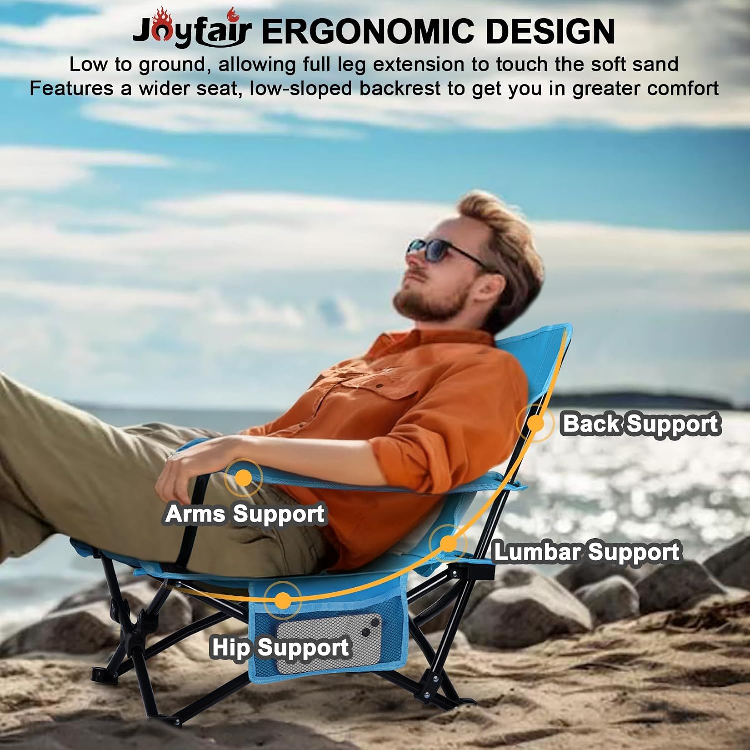 Joyfair Beach Camping Chair (2 Pack), Folding Chair for Adults (Blue) | Heavy Duty Outdoor Portable Chair with Armrest for Outside Lawn, Sport, Fishing, Cup Holder & Storage Pocket, Carry Bag