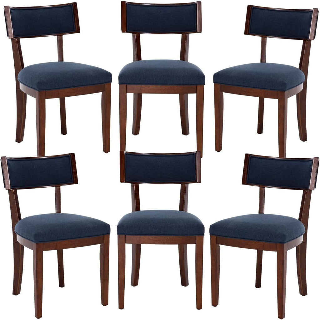 Blue Dining Chairs Set of 6, Upholstered Linen Fabric Dining Room Chairs with Curved Backrest, Armless Solid Wood Farmhouse Kitchen Side Chairs for Dining/Living Room, Blue
