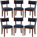 Blue Dining Chairs Set of 6, Upholstered Linen Fabric Dining Room Chairs with Curved Backrest, Armless Solid Wood Farmhouse Kitchen Side Chairs for Dining/Living Room, Blue