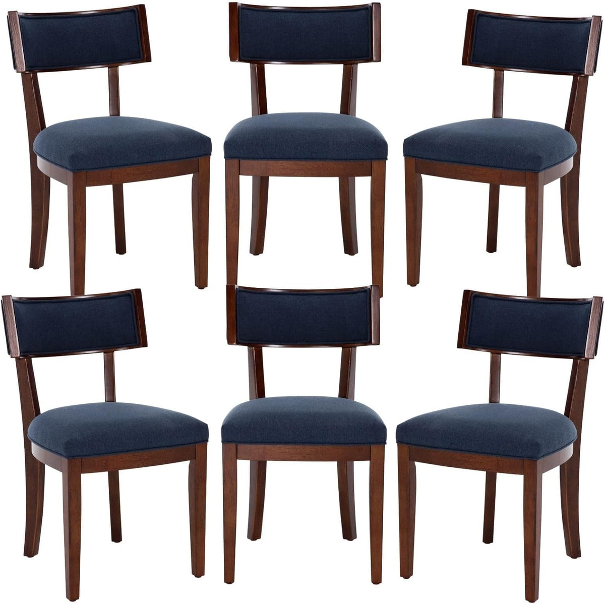 Blue Dining Chairs Set of 6, Upholstered Linen Fabric Dining Room Chairs with Curved Backrest, Armless Solid Wood Farmhouse Kitchen Side Chairs for Dining/Living Room, Blue