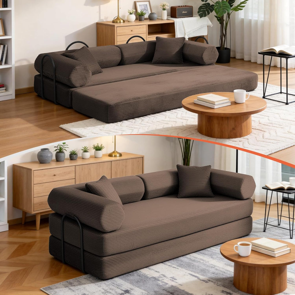 79" Corduroy Sofa Bed, Couch in a Box with 2 Pillows, High-Density Foam 4-in-1 Foldable Sleeper Futon Loveseat for Small Spaces, No Assembly, Side Pockets, Hex Arm Brown
