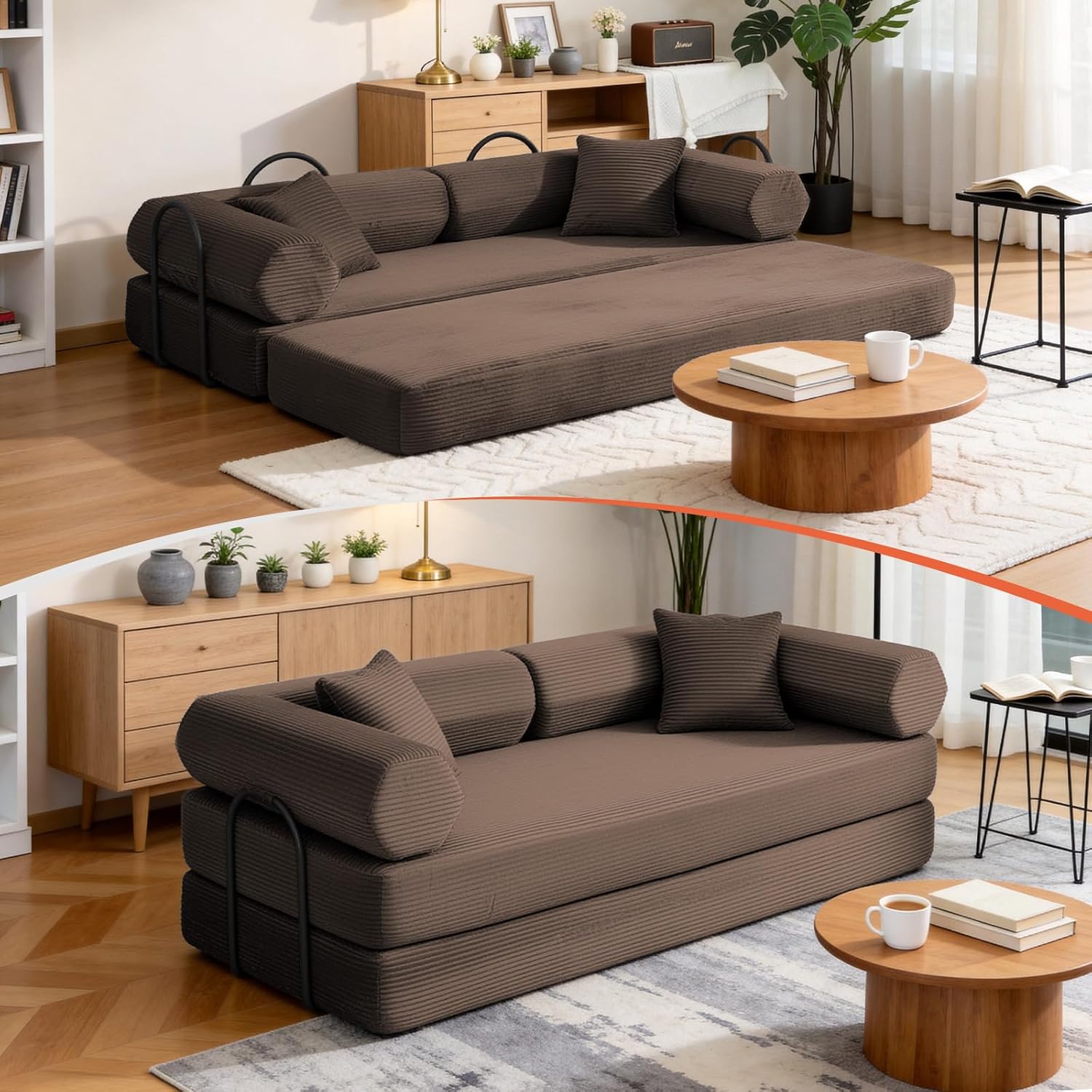 79" Corduroy Sofa Bed, Couch in a Box with 2 Pillows, High-Density Foam 4-in-1 Foldable Sleeper Futon Loveseat for Small Spaces, No Assembly, Side Pockets, Hex Arm Brown