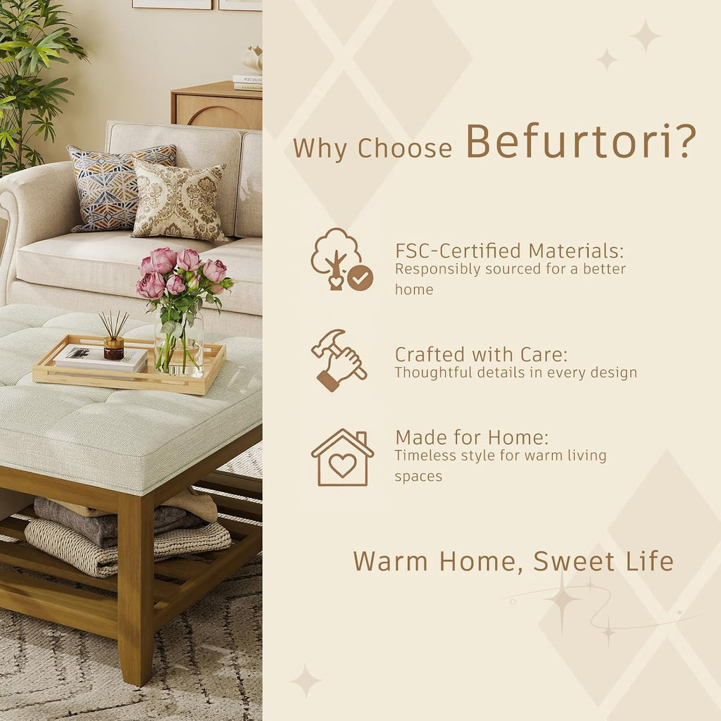 Befurtori Large Square Ottoman Coffee Table, Linen Solid Upholstered Footrest Ottoman with Solid Wood Shelf Storage Tufted Coffee Table for Bedroom Living Room, Ivory