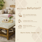 Befurtori Large Square Ottoman Coffee Table, Linen Solid Upholstered Footrest Ottoman with Solid Wood Shelf Storage Tufted Coffee Table for Bedroom Living Room, Ivory