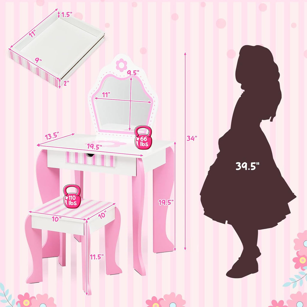 Costzon Kids Vanity, Girls Vanity Set with Mirror and Stool, Storage Drawer, Wooden Princess Makeup Dressing Table, Kids Vanity Table and Chair Set