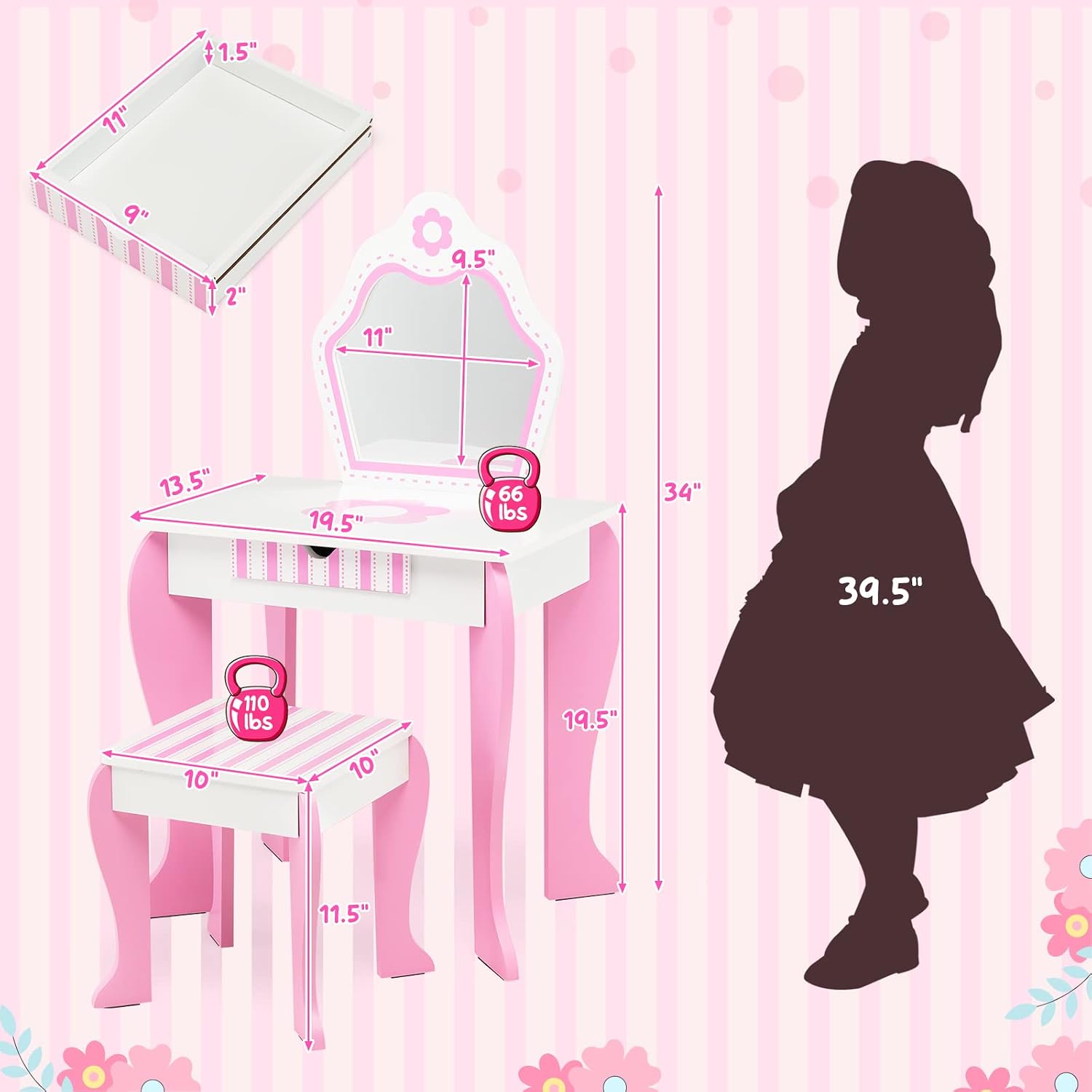Costzon Kids Vanity, Girls Vanity Set with Mirror and Stool, Storage Drawer, Wooden Princess Makeup Dressing Table, Kids Vanity Table and Chair Set