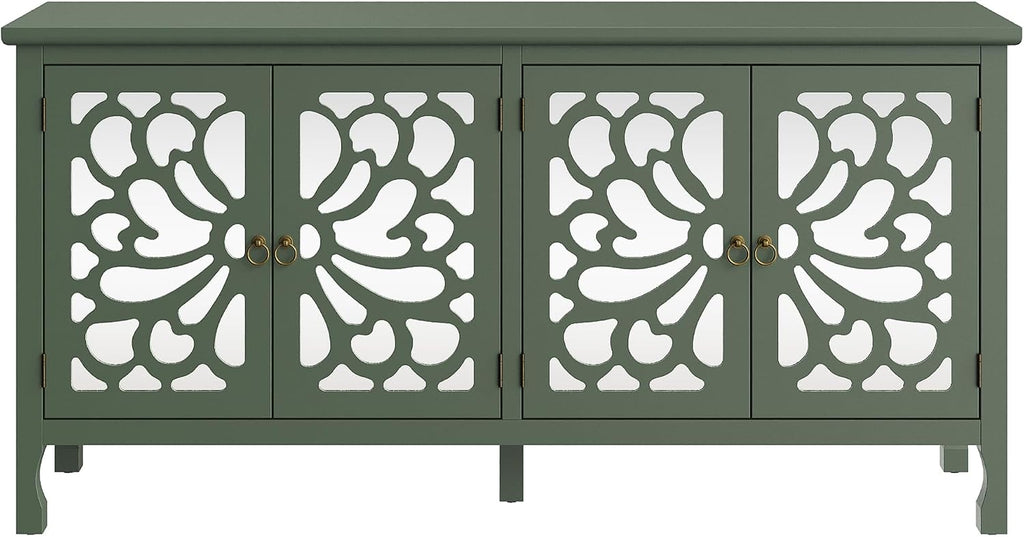 Fansafurn 63" Carved Buffet Cabinet with Mirrored Door, Modern Console Table with Storage and Adjustable Shelves, Wood Media Sideboard for Entryway, Living Room, Bedroom, Dining Room, Bathroom (Green)