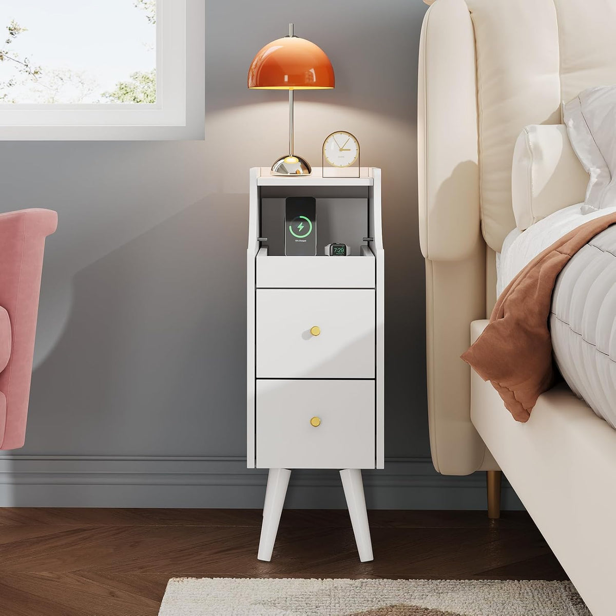 WLIVE Small Nightstand with Drawers, Narrow Bedside Tables with Open Shelf & Cable Hole, Narrow Nightstand for Bedroom, Modern Storage Cabinet for Small Spaces/Living Room, White
