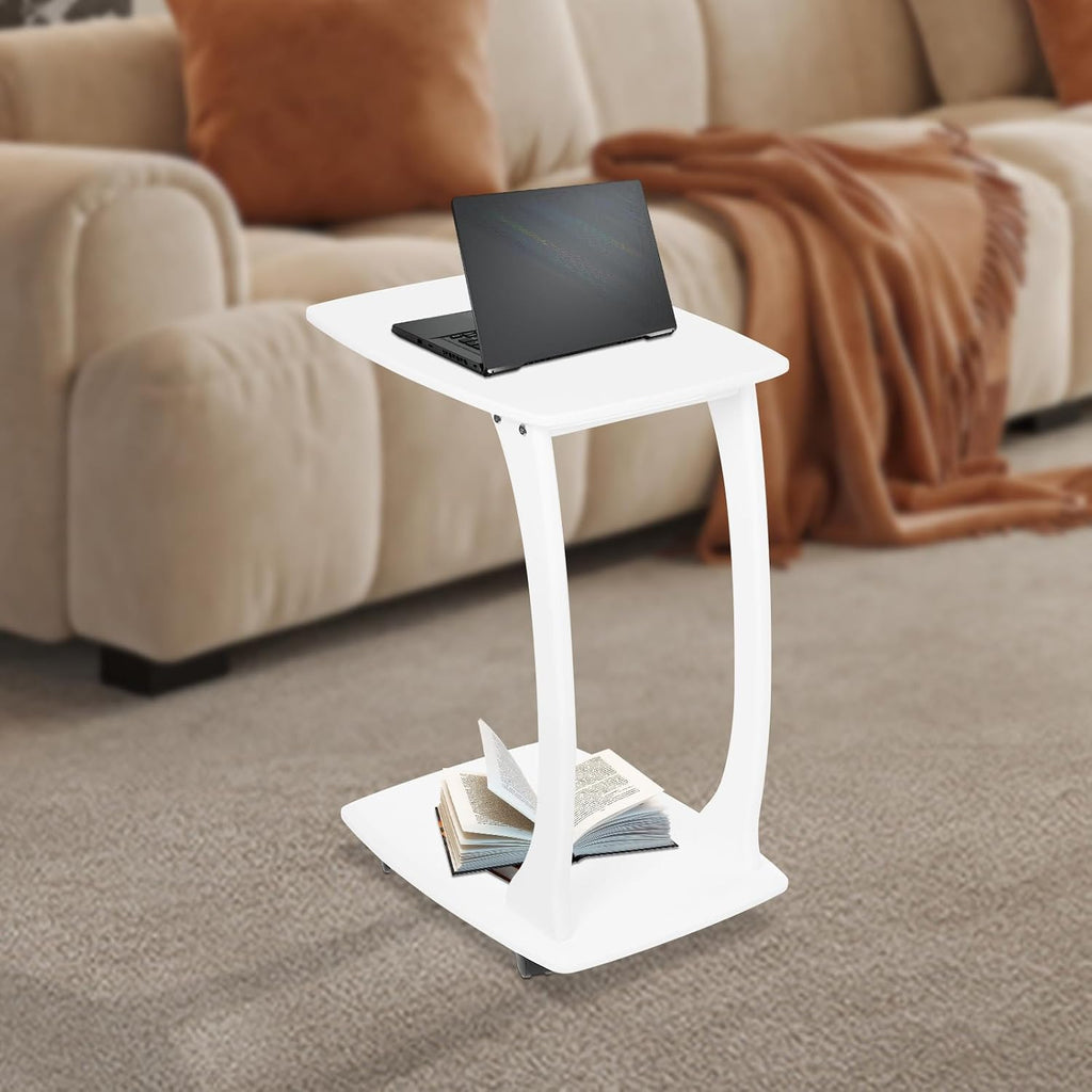 Solid Wood End Table, C-Shaped Side Table with Wheels, TV Tray Table, Couch Table That Slide Under for Small Space, Living Room, Bedroom (White)