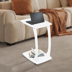 Solid Wood End Table, C-Shaped Side Table with Wheels, TV Tray Table, Couch Table That Slide Under for Small Space, Living Room, Bedroom (White)