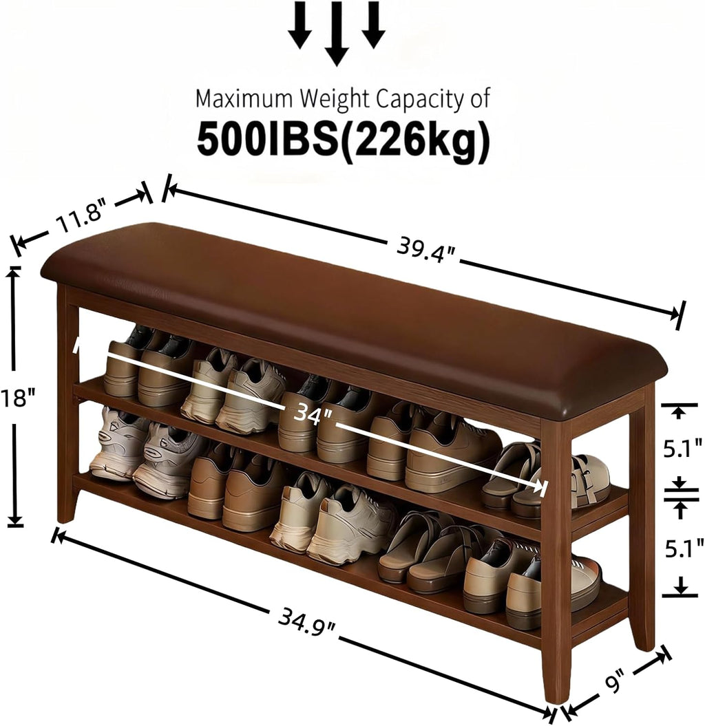 Shoe Bench Storage with Leather Cushion, Rustic Solid Wood Entryway Bench with 2 Height-Adjustable and Removable Shelves for Hallway, Living Room, Mudrooms (Dark Brown,39.4")
