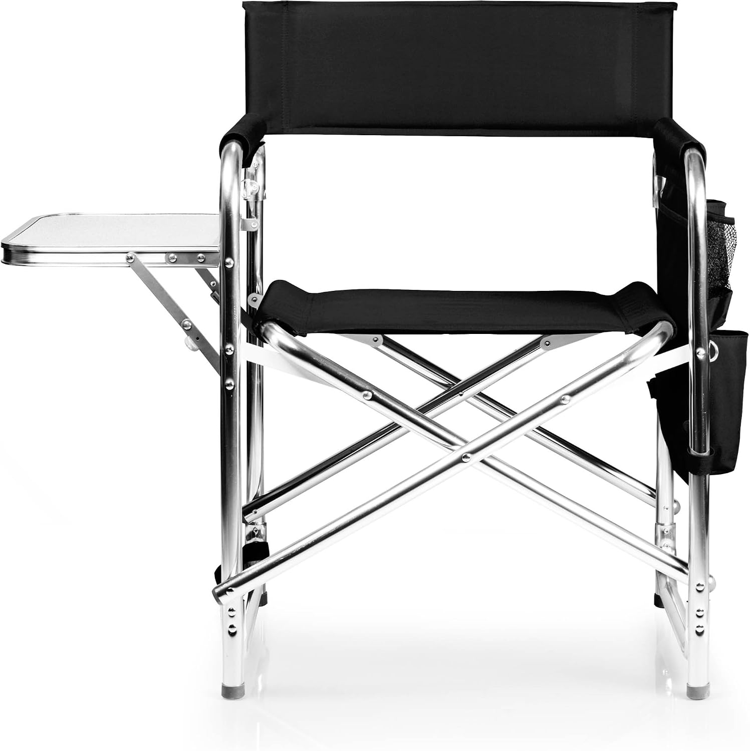 PICNIC TIME Sports Chair with Side Table and Armrest Caddy, Lightweight Aluminum Folding Outdoor Camping Chair for Adults, Portable Director Style Lawn Seating with Pockets & Carry Strap, (Black)