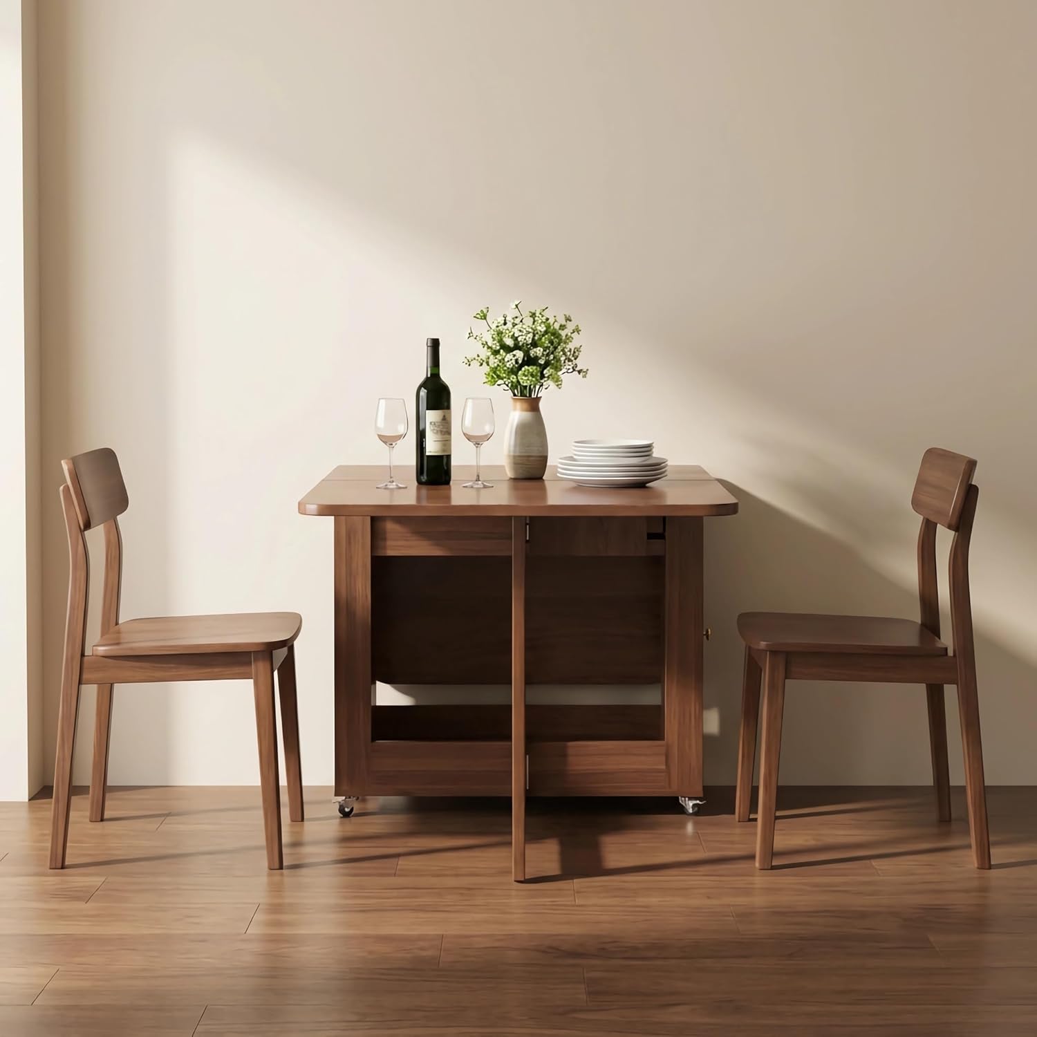 Extendable Drop Leaf Folding Dining Table with 2 Hidden Storage Drawers and 4 Wheels, No Assembly Required Space Saving Table for Small Spaces, Living Room & Kitchen (51.18 inch Table & 4 Chairs)