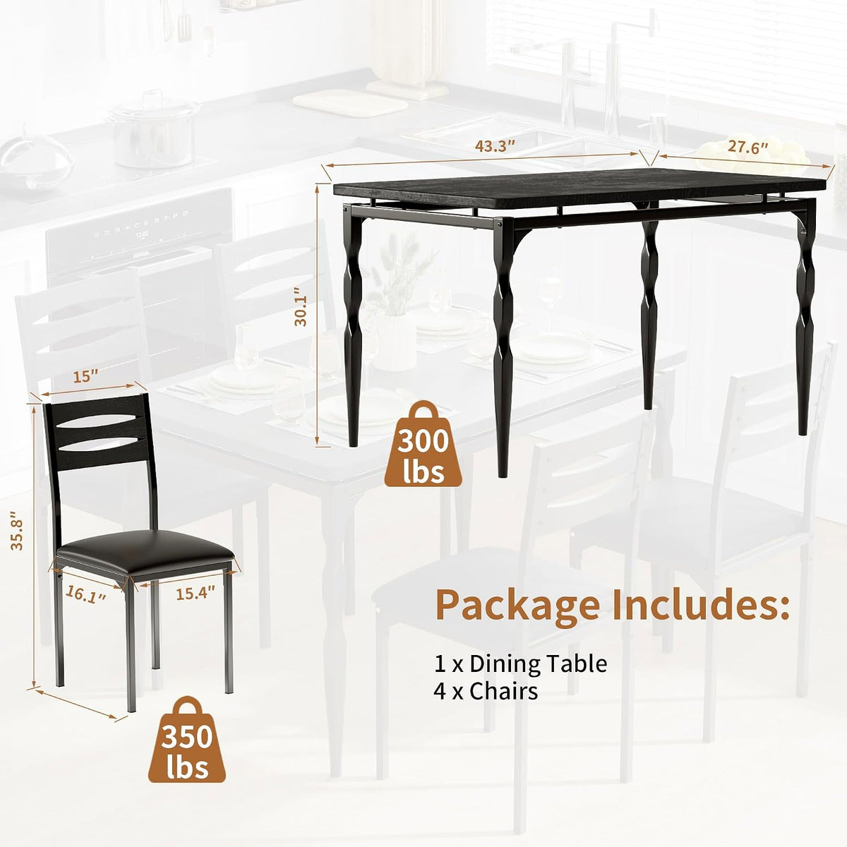 GarveeHome 5 Piece Dining Table Set, Industrial Style Dining Table and Chairs Set for 4, Kitchen Table Set for Dining Room Kitchen Apartment, Black