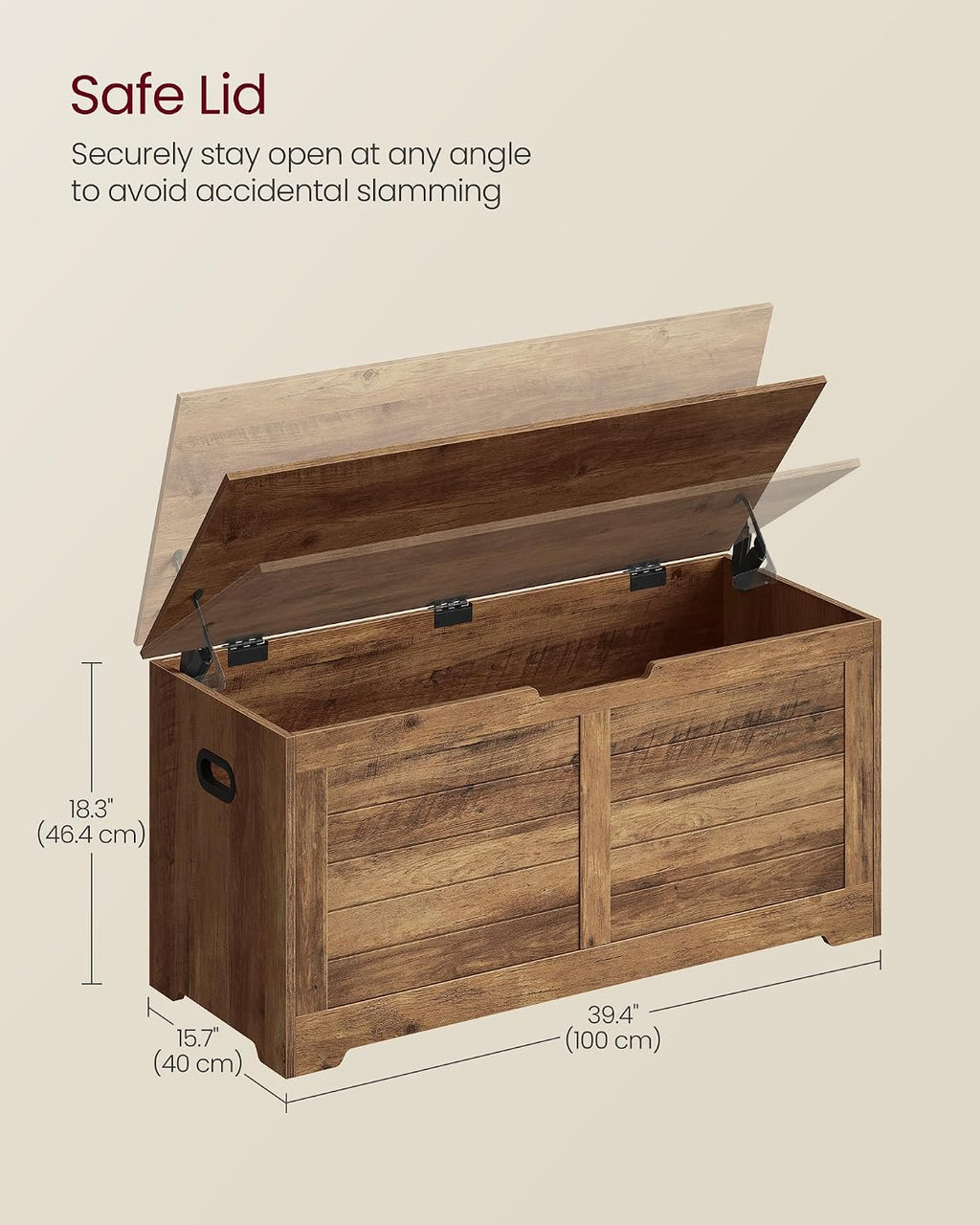 VASAGLE Storage Chest, 39.4 Inches Width Bench with 2 Safety Hinges | Farmhouse Style, for Entryway, Bedroom, Living Room, Honey Brown, SOFIE Collection ULSB061K01