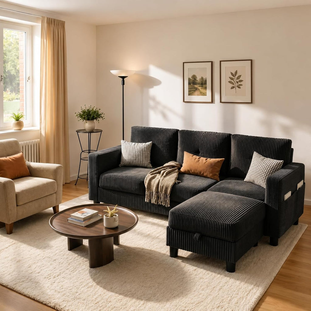 JAMFLY 77" L-Shaped Corduroy Sectional Sofa with Storage Ottoman, Black | 660 Lbs Capacity, Easy Assembly, Removable Washable Covers, Side Pockets, Pet-Friendly Couch for Small Spaces