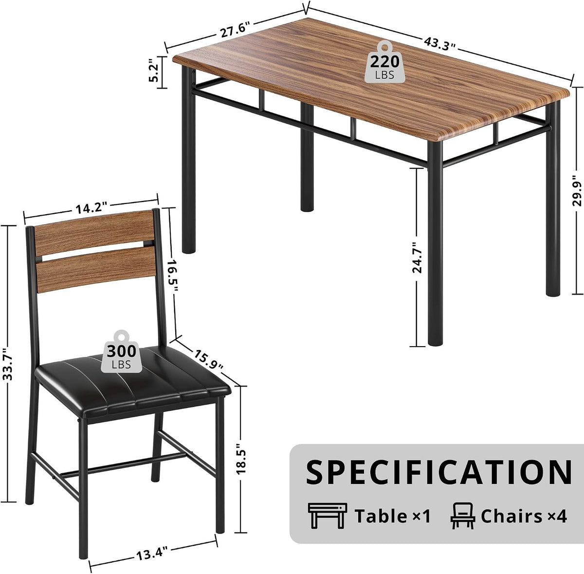 IRONCK Dining Table Set for 4, Walnut | Wood Kitchen Table with Upholstered Chairs for Kitchen Room and Small Spaces