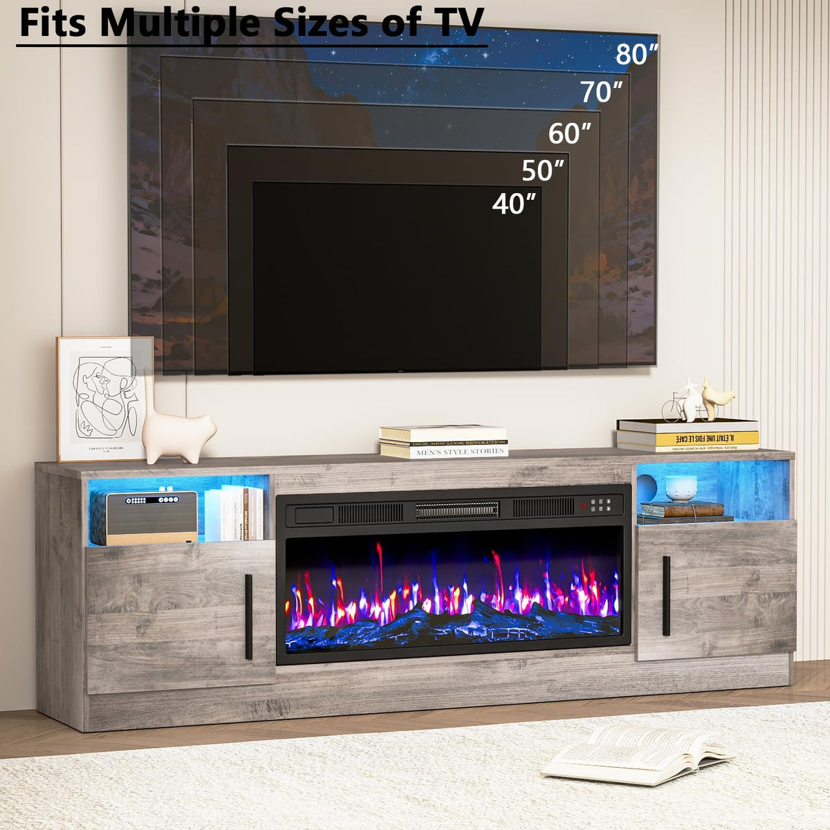 PRETZI Fireplace TV Stand with 36" Fireplace Up to 80" TVs for Living Room | 70" Modern Wood Texture Entertainment Center with Adjustable LED Lights, TV Media Console with Highlight Storage Cabinet,Gray