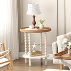 Function Home Round End Table, Farmhouse Side Table with Storage Shelf, 2 Tier Wooden Nightstand, 19.2” Accent Table for Living Room Bedroom Small Space, Natural Tray Top and Vintage White Spindle Leg