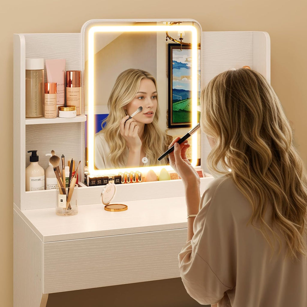 Driftalia White Small Vanity Desk with Mirror and 3 Color Adjustable Lights | Dimmable Brightness, Multi-Layer Storage, Quick Assembly, for Bedroom, Dressing Room