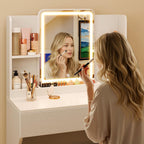 Driftalia White Small Vanity Desk with Mirror and 3 Color Adjustable Lights | Dimmable Brightness, Multi-Layer Storage, Quick Assembly, for Bedroom, Dressing Room