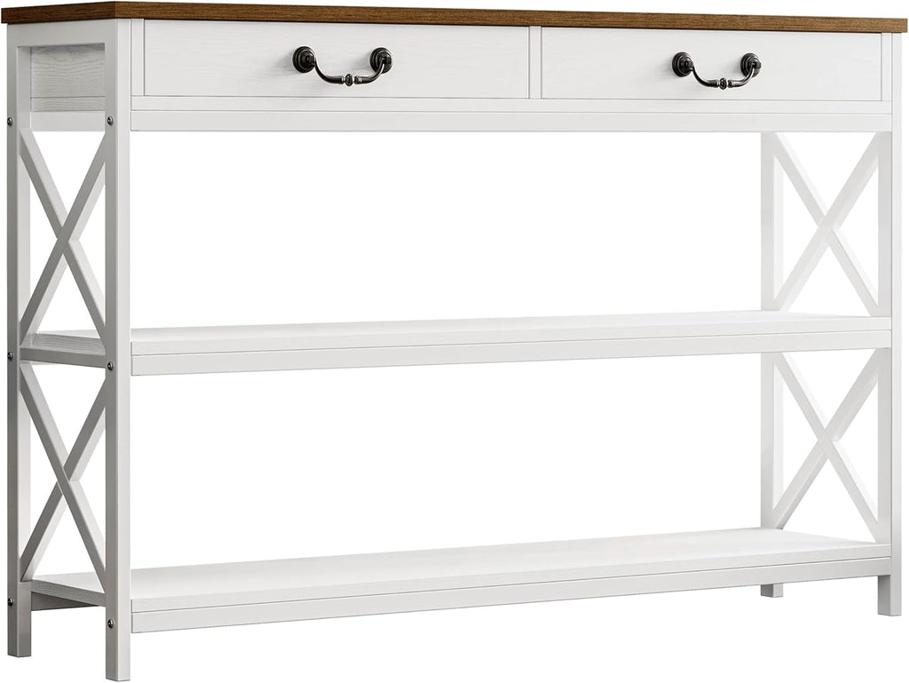 IRONCK 47.2" Farmhouse Console Table, Sofa Table with Drawer, Narrow Long Entry Table with 2 Shelf for Entryway, Living Room, Hallway, White/Walnut