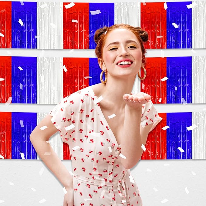 4 Pack 10 Feet White Blue Red Foil Fringe Garland Metallic Tinsel Streamers Banner Wall Hanging Curtain Backdrop for Parade Floats, Wedding, Graduate, Mother's Day, Birthday Party Decoration