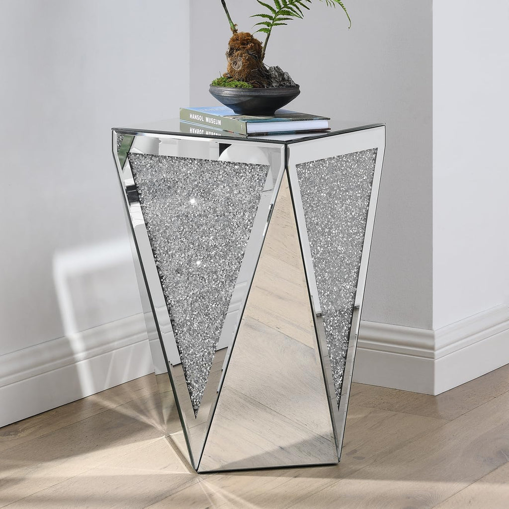 Henf Mirrored End Table Modern Inverted Triangular Side Table with Crystal Design Decorative Glass Accent Small Coffee Table Bedside Table for Home Decoration Crystal Diamond Bed Night Stand