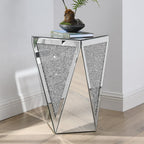 Henf Mirrored End Table Modern Inverted Triangular Side Table with Crystal Design Decorative Glass Accent Small Coffee Table Bedside Table for Home Decoration Crystal Diamond Bed Night Stand