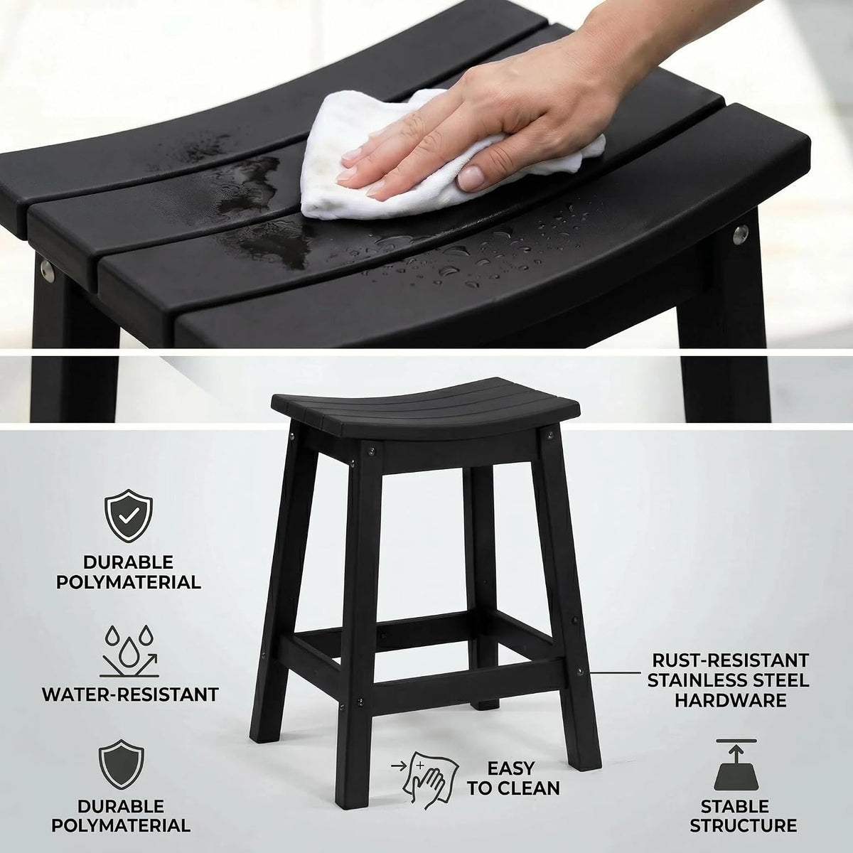 AMILY 24'' HDPE Bar Stool Set of 2, Weather Resistant Outdoor Bar Stools, Heavy Duty All-Weather Patio Stools for Poolside, Backyard, Balcony, Easy Assembly (Black)