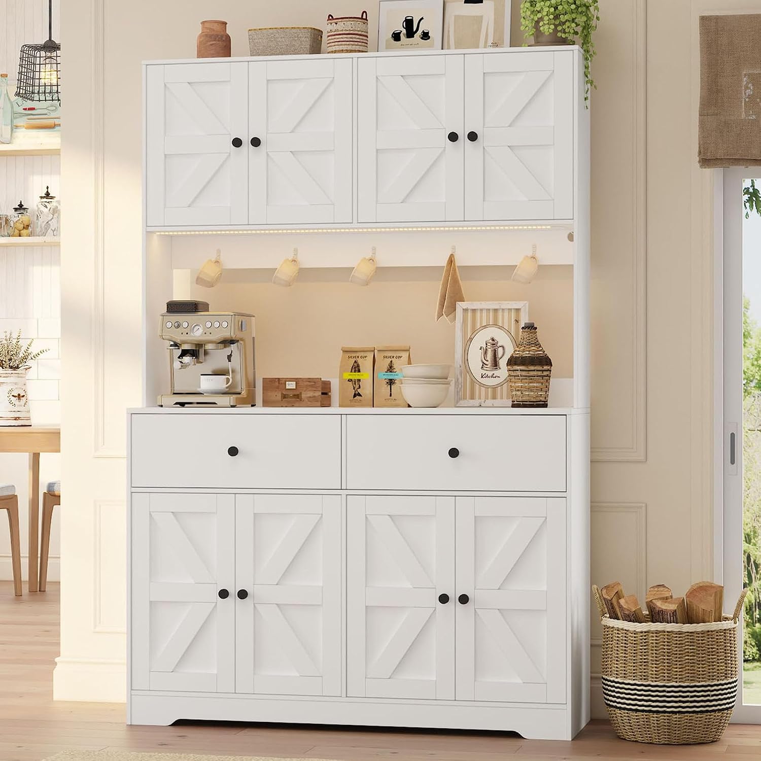 71" Kitchen Pantry Cabinet with Charging Station, Pantry Storage Cabinet Farmhouse Kitchen Hutch with Microwave Stand, Coffee Bar Station with Doors and Adjustable Shelves for Kitchen, White