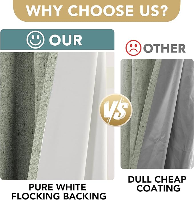 H.VERSAILTEX Linen Blackout Curtains 96 Inches Long 100% Absolutely Blackout Thermal Insulated Textured Linen Look Curtain Draperies Anti-Rust Grommet, Energy Saving with White Liner, 2 Panels, Sage