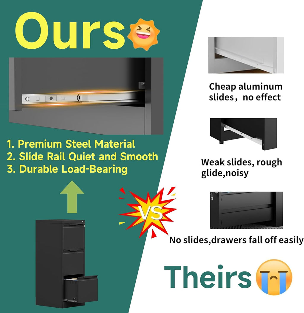 3 Drawer Metal Vertical File Cabinet with Lock for Home Office | 17.8"D x 15"W x 38.4"H,Small Under Desk Cabinet,Adjustable Hanging Bar,Fits 4A/Legal/Letter Size File,Easy Assembly,Black