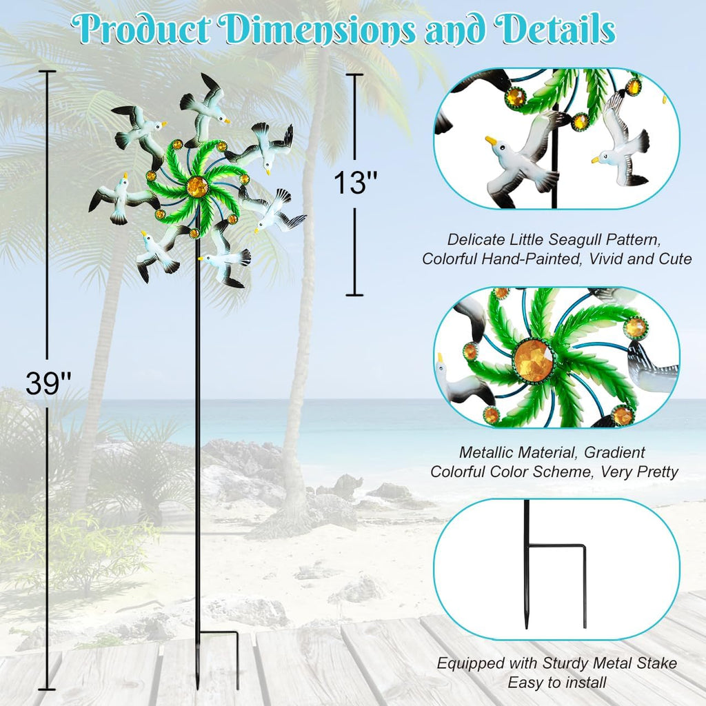 Seagull Wind Spinners - 39" Ocean-Themed Metal Wind Sculptures Garden Stake Art, 13.5” Windmill Yard Kinetic, Outdoor Decor for Patio & Lawn - Metal Beach Sculpture with Seagull Design