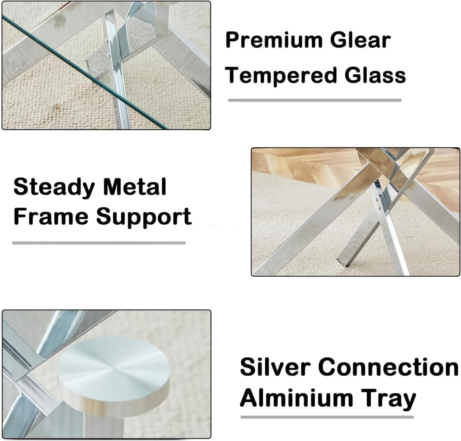 7 Piece Modern Dining Table Set of 6, 61" Tempered Glass Rectangle Dining Tables and 6 Leather Black Dining Chairs, 60 inch Kitchen Tables with Silver Metal Base, Large Dining Table Set