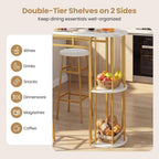 COSTWAY Bar Table Set for 2 with Storage Shelves, 60" Dining Table & 2 Upholstered Barstools with Faux Marble Tabletop, 3-Piece Bar Height Dining Set for Kitchen, Small Space (Golden & White)