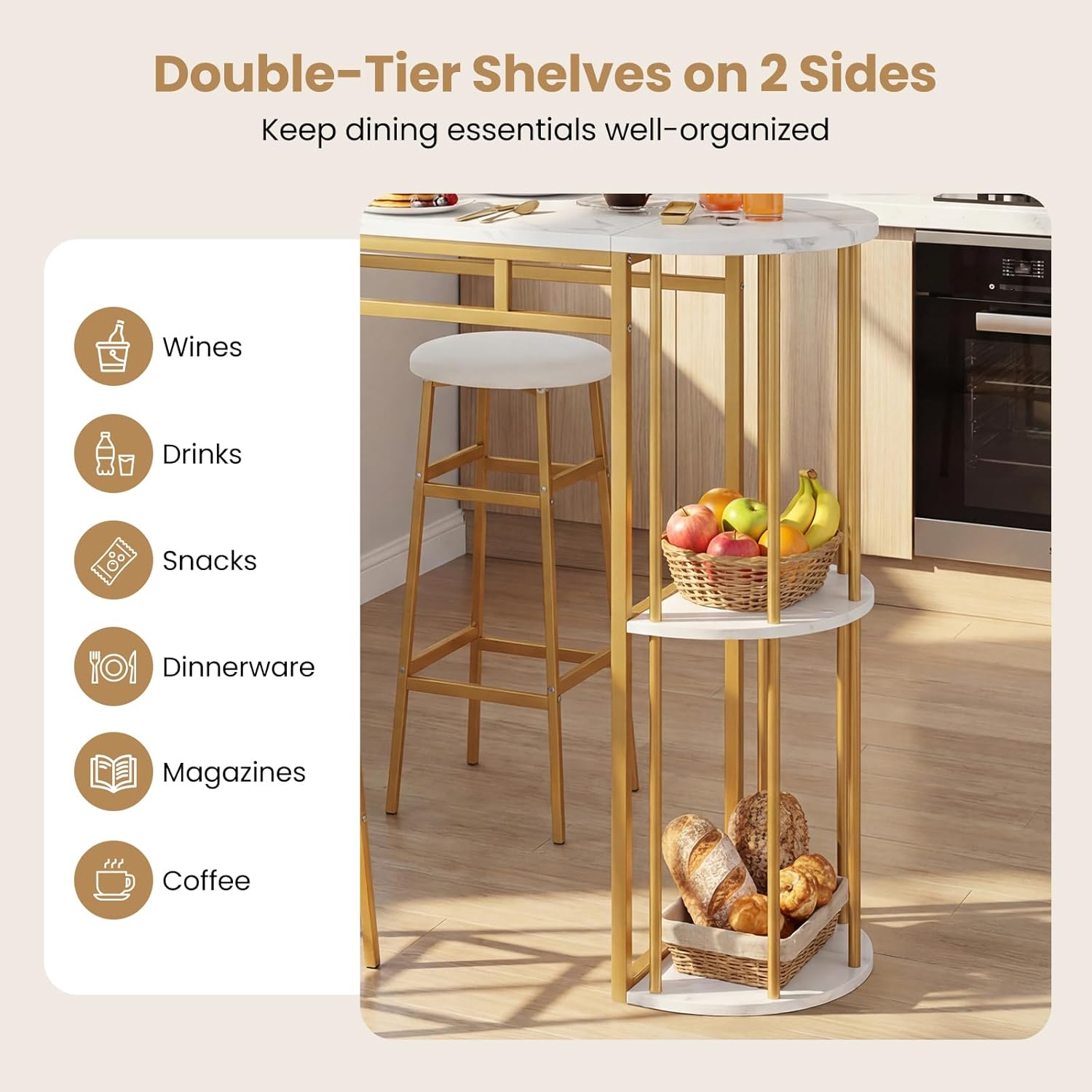 COSTWAY Bar Table Set for 2 with Storage Shelves, 60" Dining Table & 2 Upholstered Barstools with Faux Marble Tabletop, 3-Piece Bar Height Dining Set for Kitchen, Small Space (Golden & White)