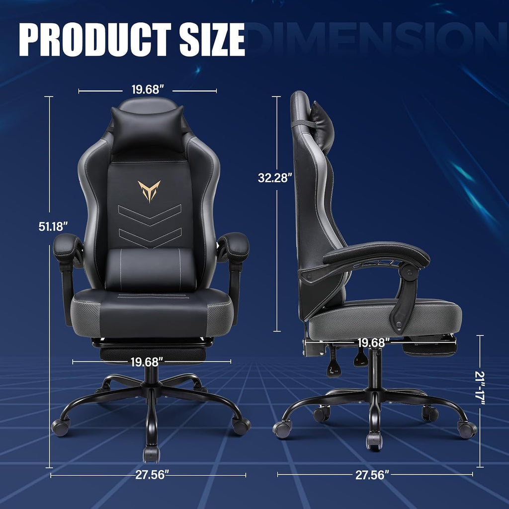 GTPLAYER Gaming Chair with Footrest, Ergonomic Office Chair 300lbs Capacity, Computer Desk Chair with Headrest and Lumbar Support, Linkage Armrests, 90-155° Recline, PU Leather Grey
