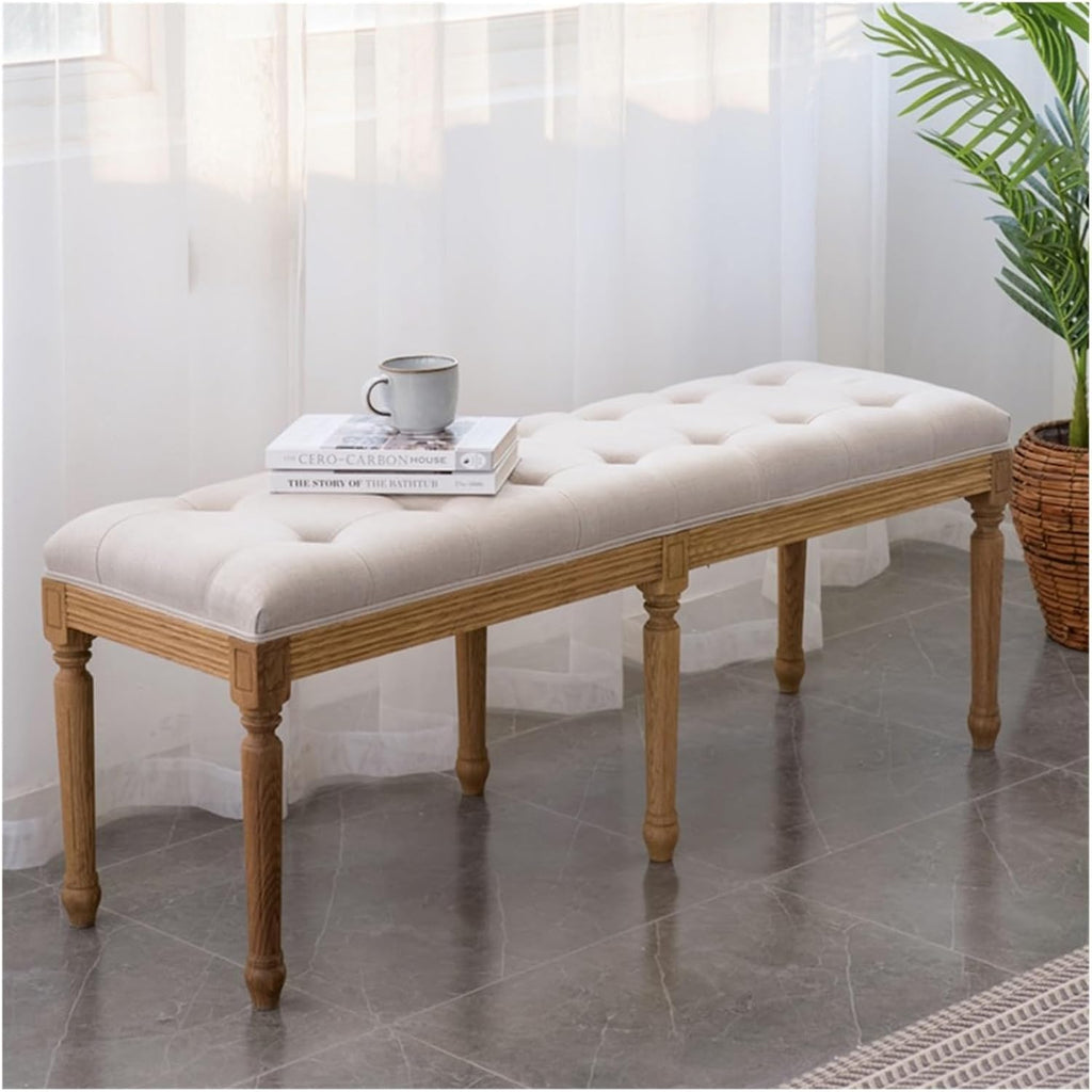 Modern French Vintage Bench with Padded Seat and Rubberwood Legs, Memory Foam Upholstered Entryway and Dining, Tufted Fabric End of Bed for Bedroom Living Room Hallway Entryway