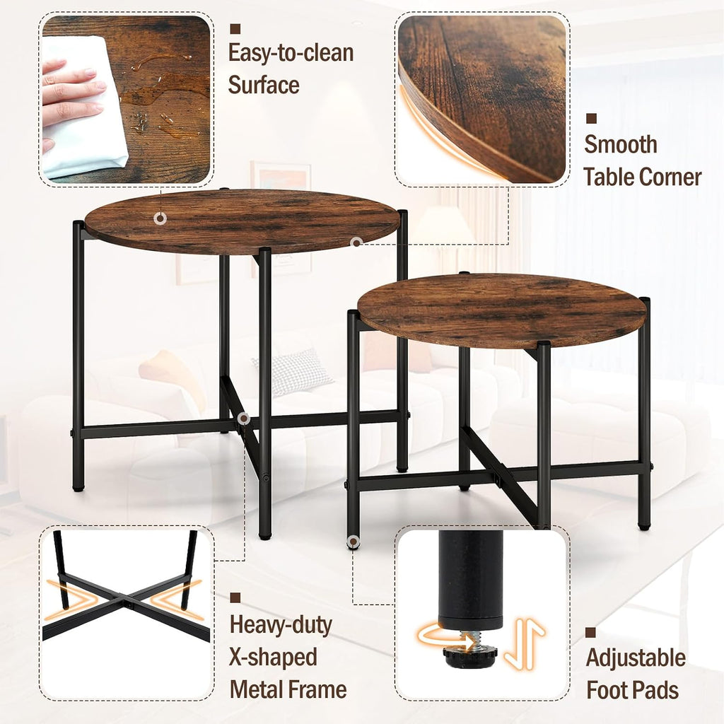 GOFLAME Nesting Coffee Table Set of 2, Round Coffee Tables with Wood Tabletop & Heavy-Duty Metal Frame, Modern Circle End Table & Side Tables, Nesting Tables for Living Room, Bedroom (Rustic Brown)
