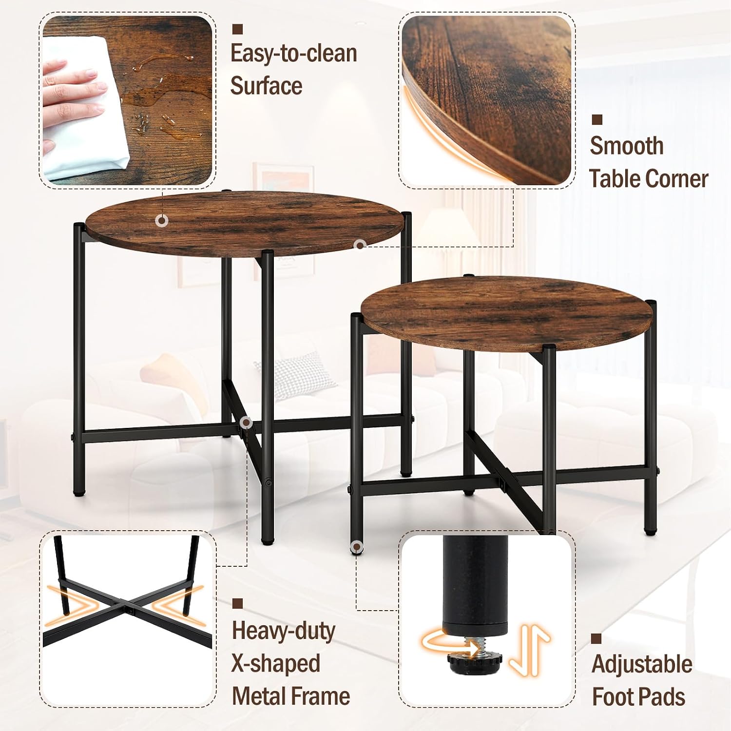 GOFLAME Nesting Coffee Table Set of 2, Round Coffee Tables with Wood Tabletop & Heavy-Duty Metal Frame, Modern Circle End Table & Side Tables, Nesting Tables for Living Room, Bedroom (Rustic Brown)