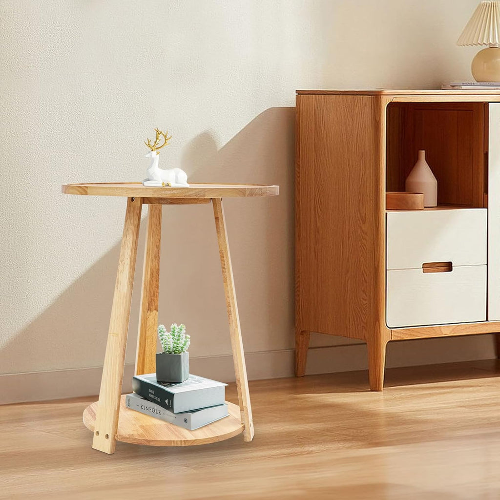 Small Round Side Table, 2-Tier End Table with Storage Shelf, Modern Couch Bedside Table for Living Room Bedroom Apartment Office (Burlywood)