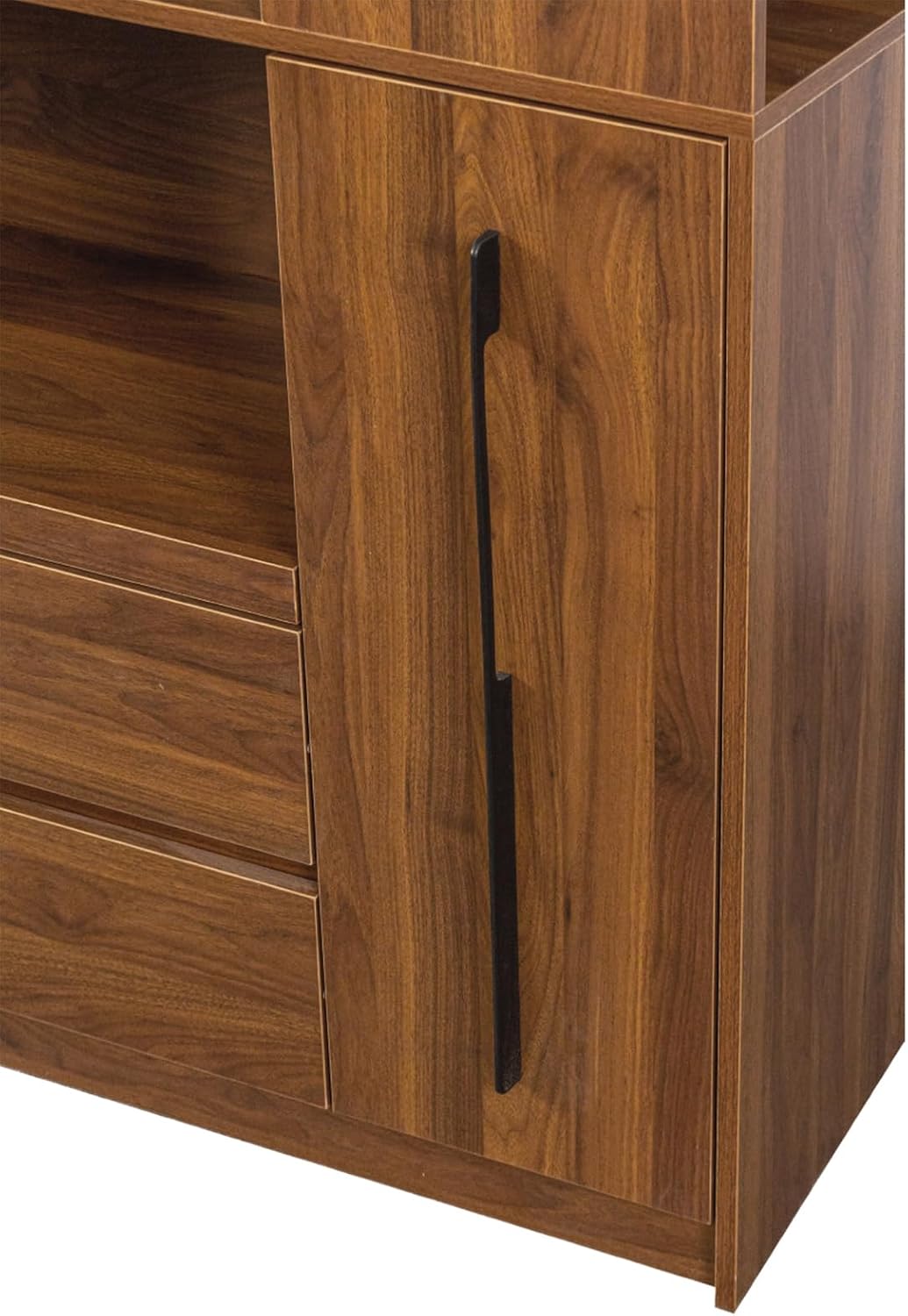 Tall Kitchen Hutch Cabinet with Pull-out Shelves, Storage Drawers, Glass Doors Freestanding Cable Management Pantry Large Kitchen Cupboard for Dining Room with Microwave Countertop Walnut Finish