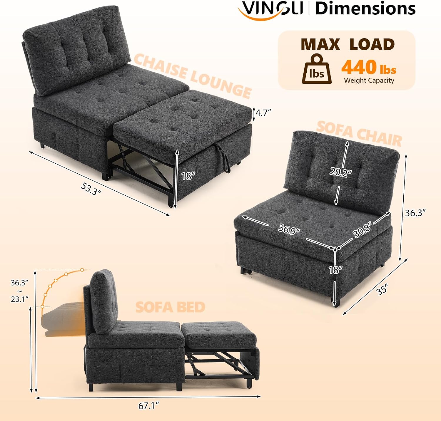 VINGLI Convertible Sofa Bed Tufted Teddy Fleece Sleeper Chair Bed Couch Armless Living Room Chairs with Adjustable Backrest Pull Out Couch Bed for Small Spaces
