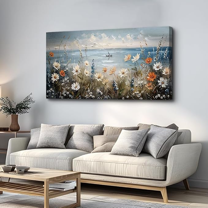 MHARTK66 Large Wall Art For Bedroom Canvas Wall Decor For Living Room Flowers Wall Paintings Blue Ocean Landscape Pictures Artwork Modern Home Decorations For Office Ready To Hang 30"X60"