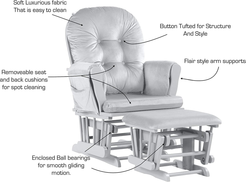 Suite Bebe Carson Glider and Ottoman in White Wood and Oyster Gray Fabric