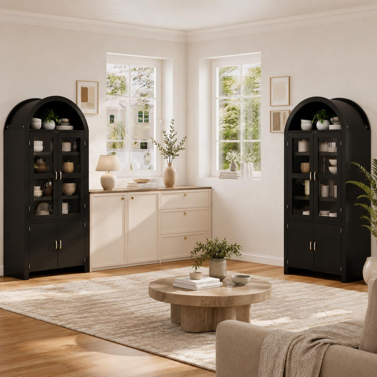 71" Tall Arched Kitchen Pantry Cabinet, Modern Farmhouse Wood Kitchens Storage Cabinets, Cupboard for Dining Room, Kitchen, Bathroom, Black