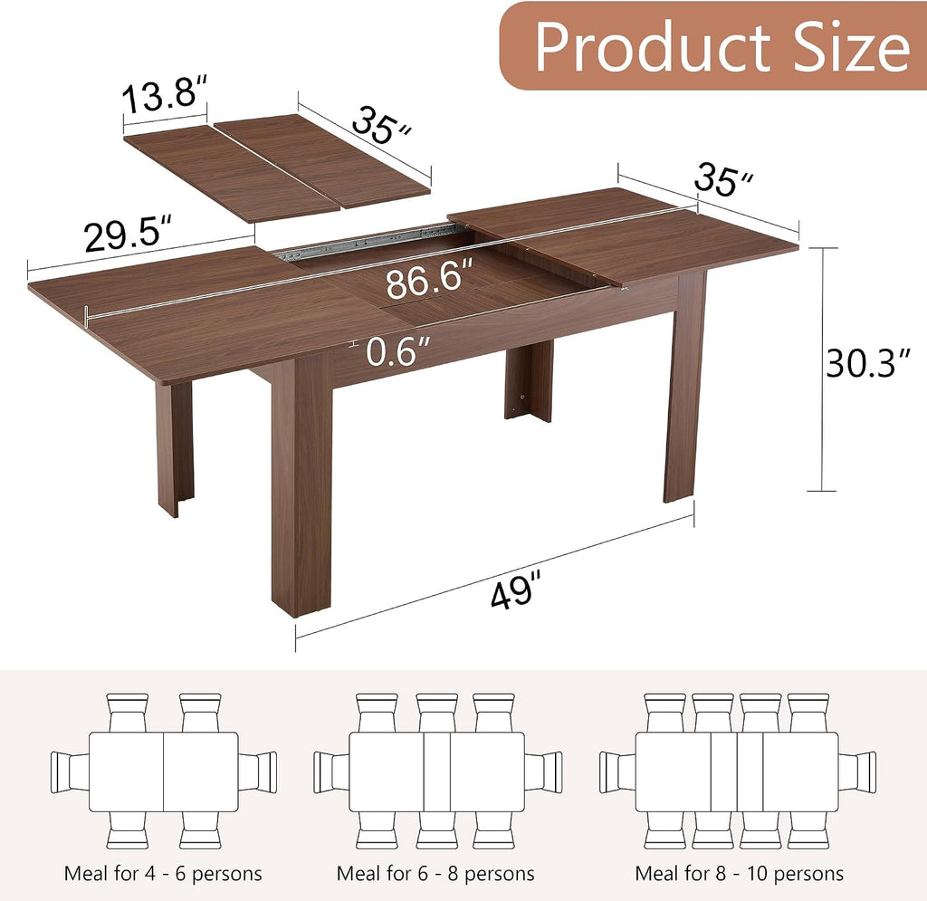 Extendable Dining Table for 4-10 People｜59-87 Inch Rectangular Kitchen & Dining Room Table with 2 Extension Leaves｜Modern Walnut Wood Expandable Table