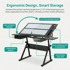 Litex Adjustable Drafting Table with Stool, Glass Top Art Desk for Drawing & Painting, 0–75° Tilting Tabletop, Height Adjustable Craft Desk with Storage Drawers for Home Office Studio (Black)